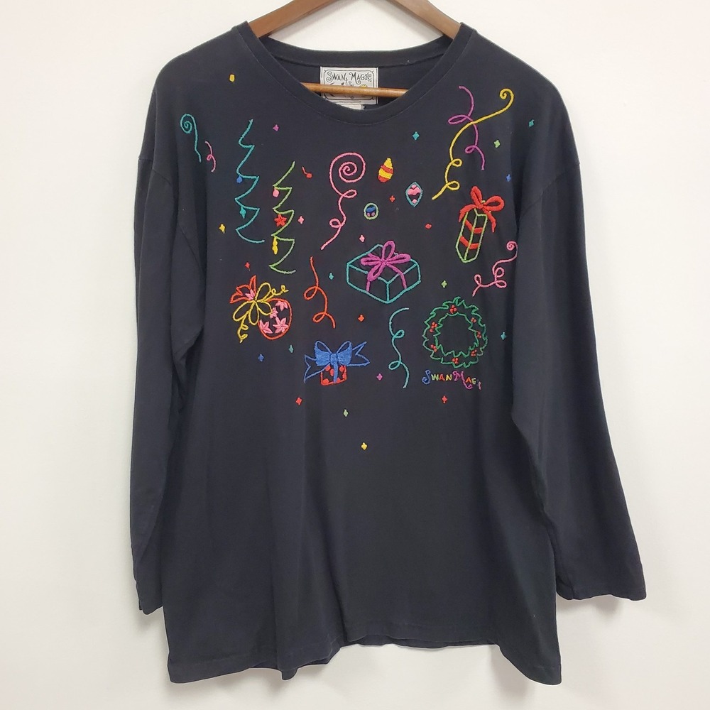 Swan Magic‎ Womens Embroidered Christmas T Shirt Size M Black Classic Holiday
